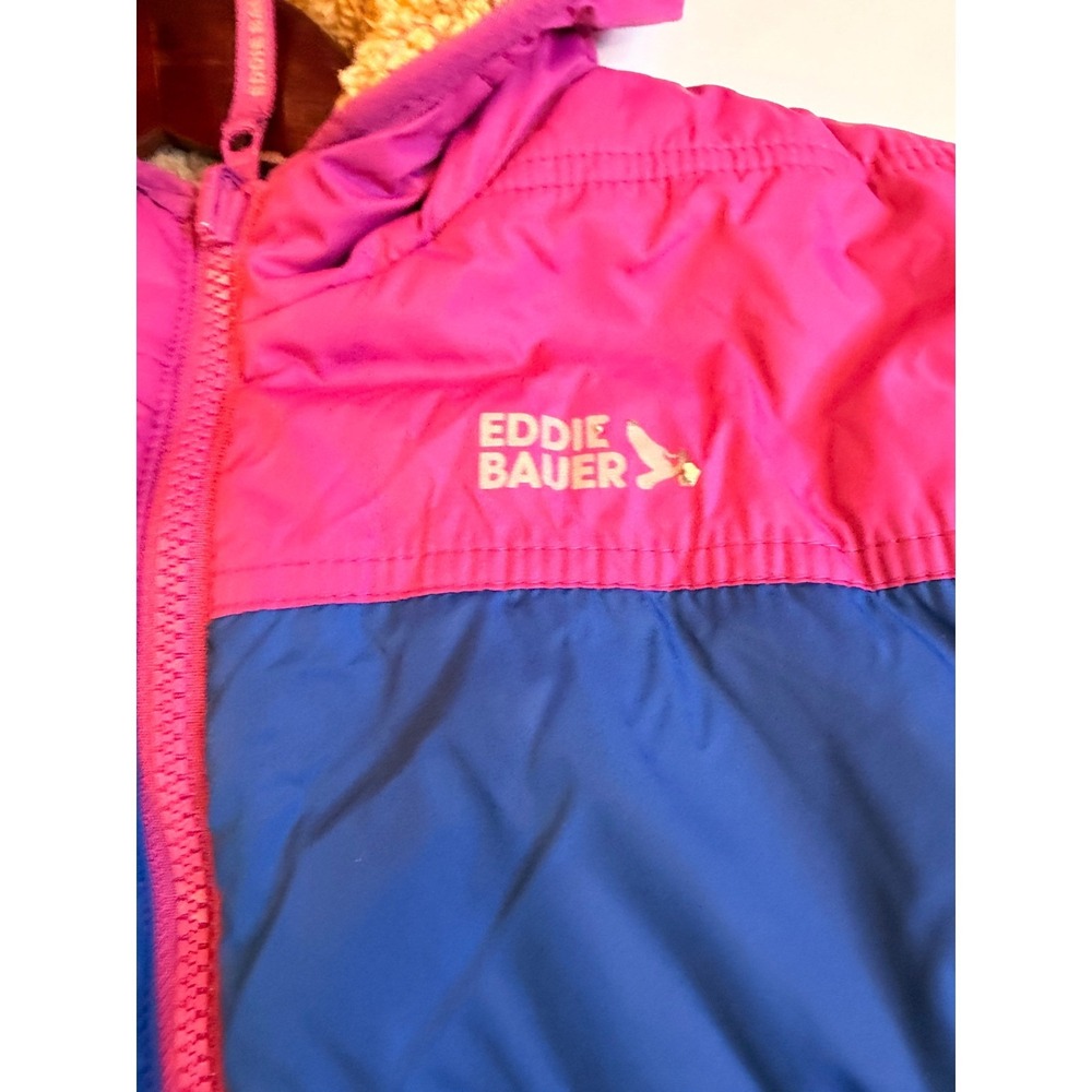 Eddie Bauer Kids Reversible Puffer Jacket Pink Blue Fleece Lined Hooded M 10/12 - Picture 7 of 9